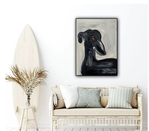 Original Abstract Oil Painting On 30x40cm Canvas Toupe Background Grayhound dog