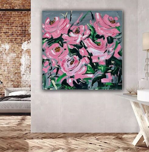 Framed Contemporary Abstract Original Oil Painting On 80x80cm Canvas Pink Roses