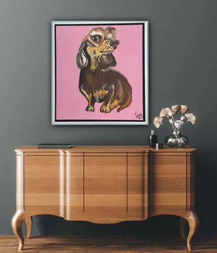 Framed Original Abstract Contemporary Oil Painting On Canvas 38x35xm Sausage Dog