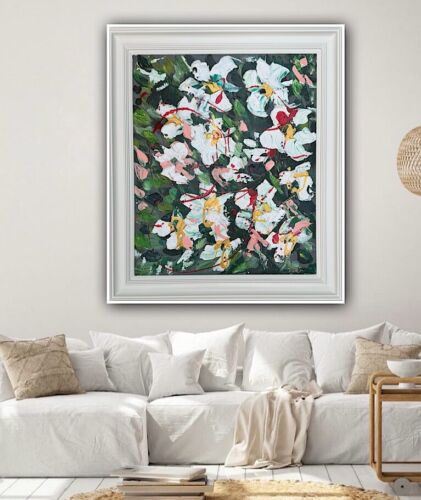 Framed Oka Original Abstract Oil Painting Canvas 70x60cm White Roses Spread II