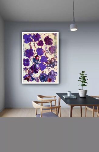 Warhol Style Original Abstract Oil Painting On Canvas 66x44cm Purple Flowers Oka