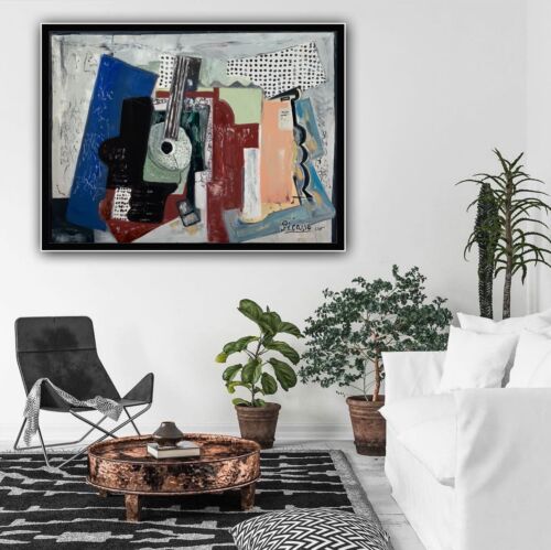 Abstract Oil Painting On 2cm Canvas 80x60cm Door, Guitar & Bottles study