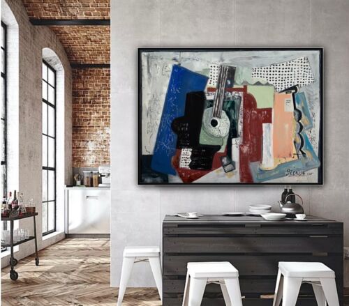 Abstract Oil Painting On 2cm Canvas 80x60cm Door, Guitar & Bottles study