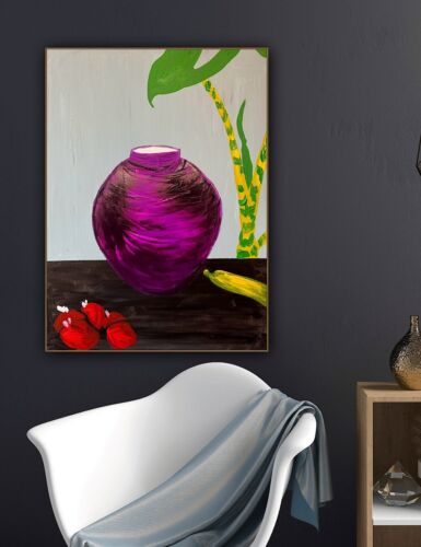 Large Abstract Original Oil Painting On 60 X 46cm canvas Exotic Vase Still life