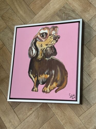 Framed Original Abstract Contemporary Oil Painting On Canvas 38x35xm Sausage Dog