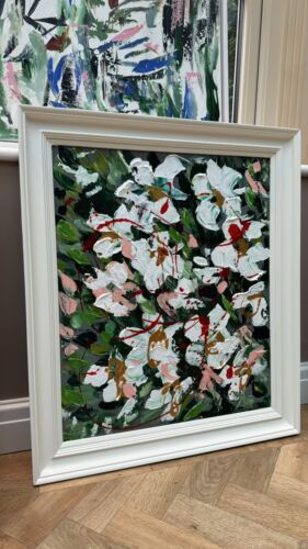 Framed Oka Original Abstract Oil Painting Canvas 70x60cm White Roses Spread II