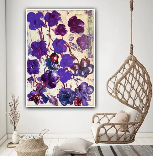 Warhol Style Original Abstract Oil Painting On Canvas 66x44cm Purple Flowers Oka