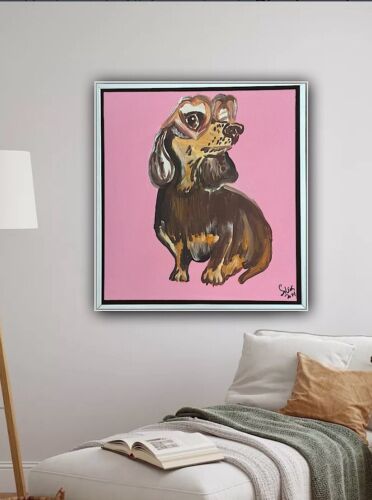 Framed Original Abstract Contemporary Oil Painting On Canvas 38x35xm Sausage Dog