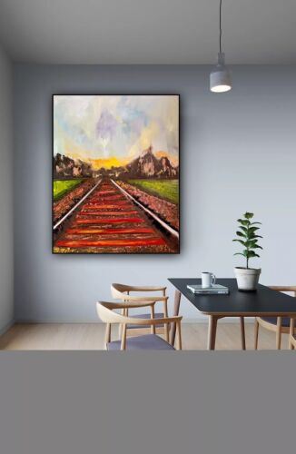 Richter StyLe Abstract original Oil Painting On Canvas 76 X 62cm Train Tracks