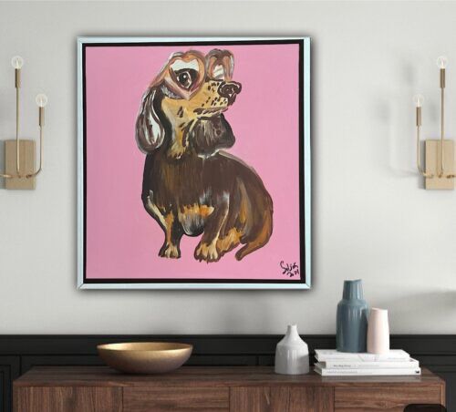 Framed Original Abstract Contemporary Oil Painting On Canvas 38x35xm Sausage Dog