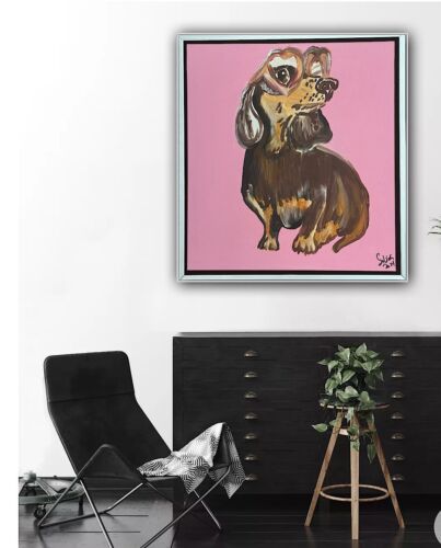 Framed Original Abstract Contemporary Oil Painting On Canvas 38x35xm Sausage Dog