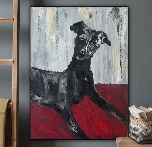 Original Abstract Oil Painting On 30x40cm Canvas Toupe Background Whippet dog