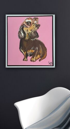 Framed Original Abstract Contemporary Oil Painting On Canvas 38x35xm Sausage Dog