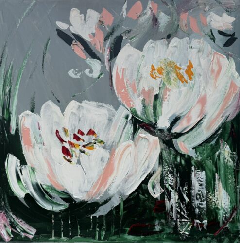 Framed Contemporary Abstract Original Oil Painting On 80x80cm Canvas White Tulips