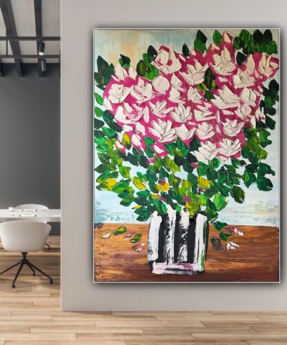 Large Abstract Original Oil Painting On 100x80cm canvas Flowers White Roses II