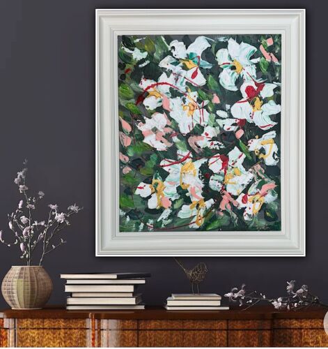 Framed Oka Original Abstract Oil Painting Canvas 70x60cm White Roses Spread II