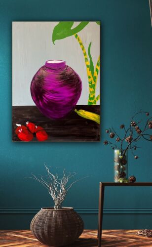 Large Abstract Original Oil Painting On 60 X 46cm canvas Exotic Vase Still life