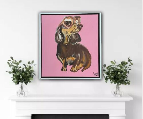 Framed Original Abstract Contemporary Oil Painting On Canvas 38x35xm Sausage Dog