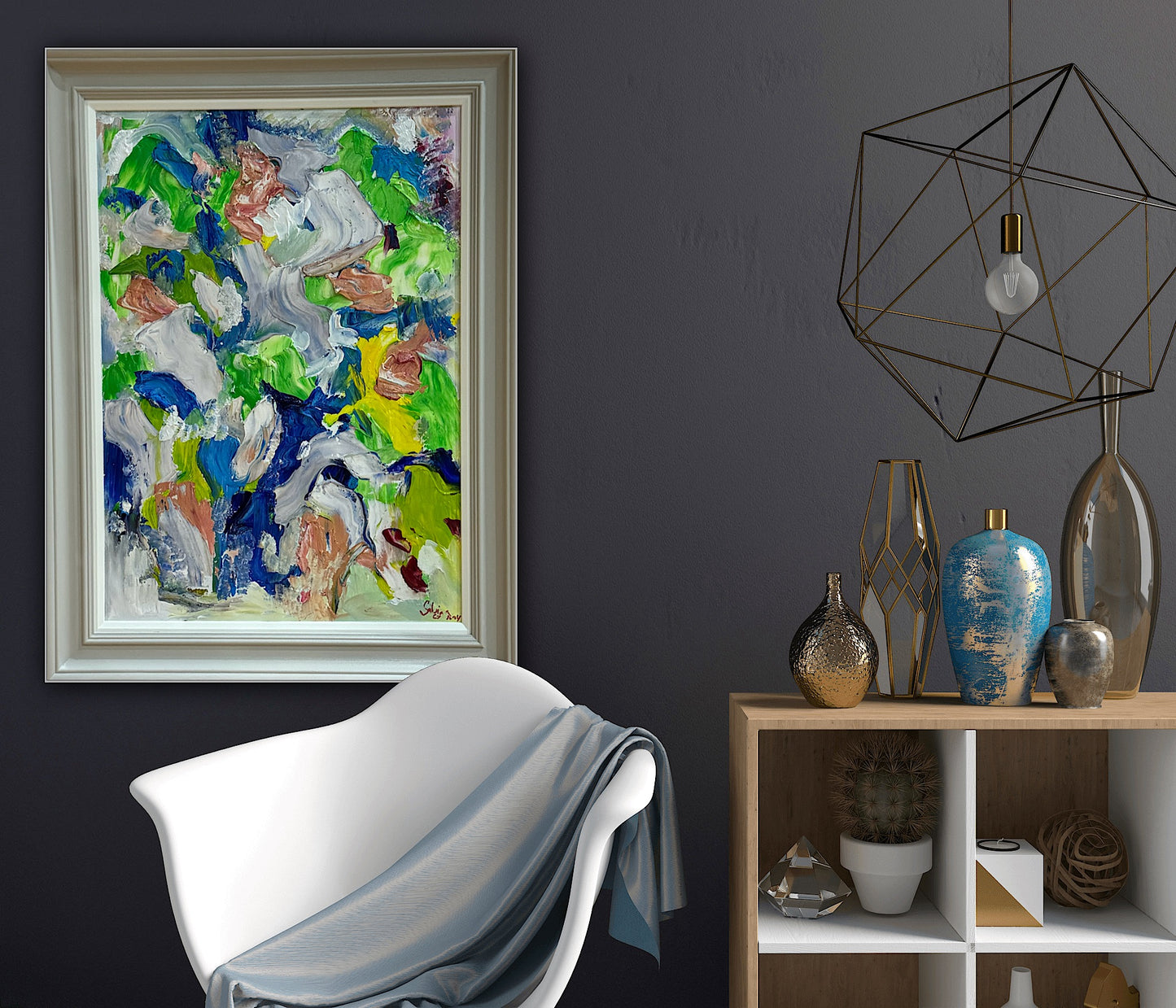 Framed Original Abstract contemporary Oil Painting On Canvas 52x70cm Floral Oka