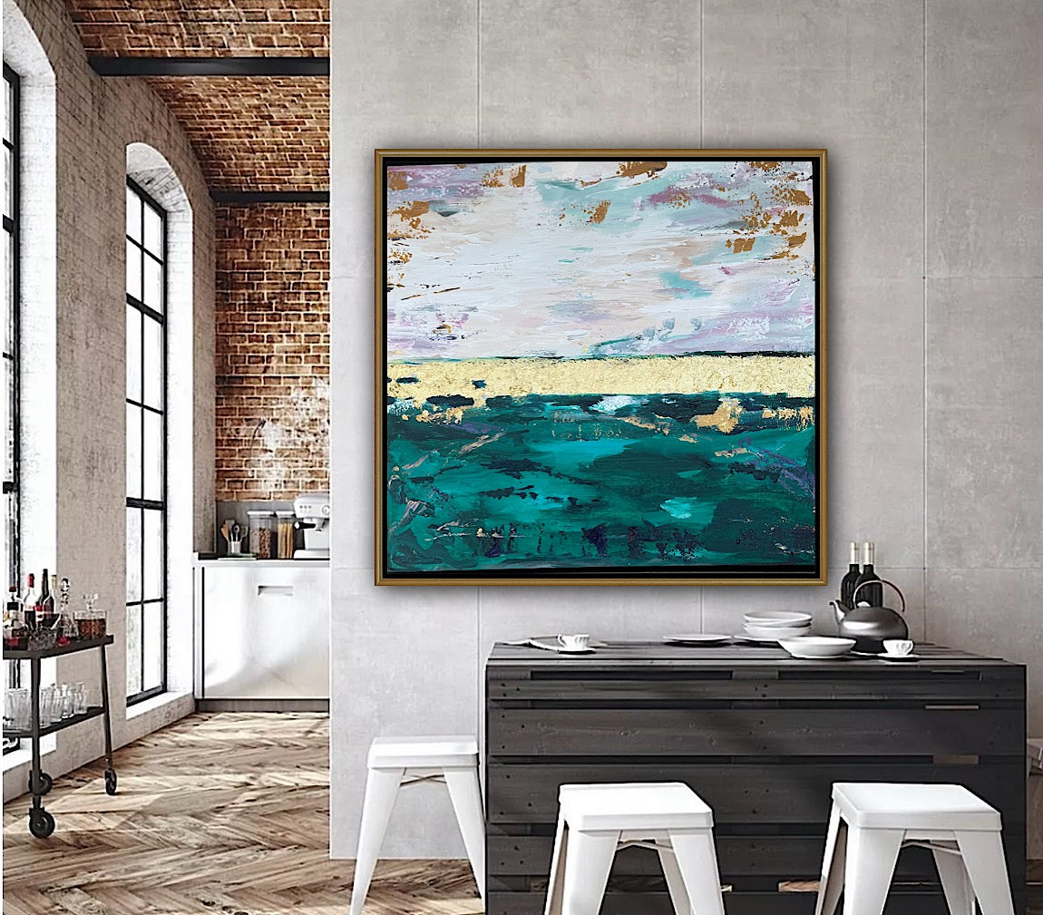 Framed in antique gold Textured Original Abstract Oil Painting On Canvas 70x70cm Seascape with gold leaf