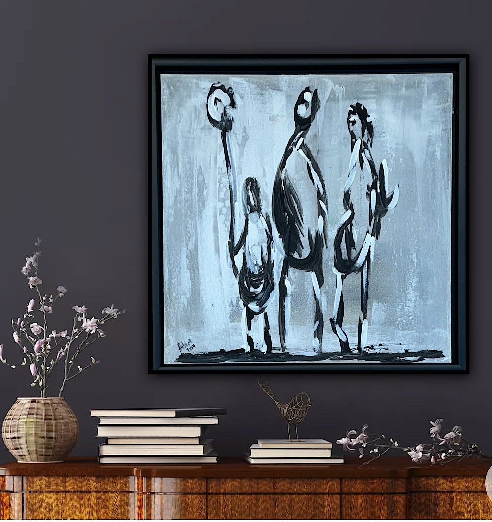 Framed in black Figurative Modern Abstract contemporary oil Painting On Canvas 42 x 42cm family