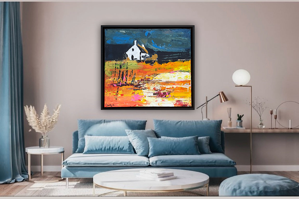 Framed Original Abstract contemporary Oil Painting On Canvas 43x40cm Magazine Irish House on a Hill Oka