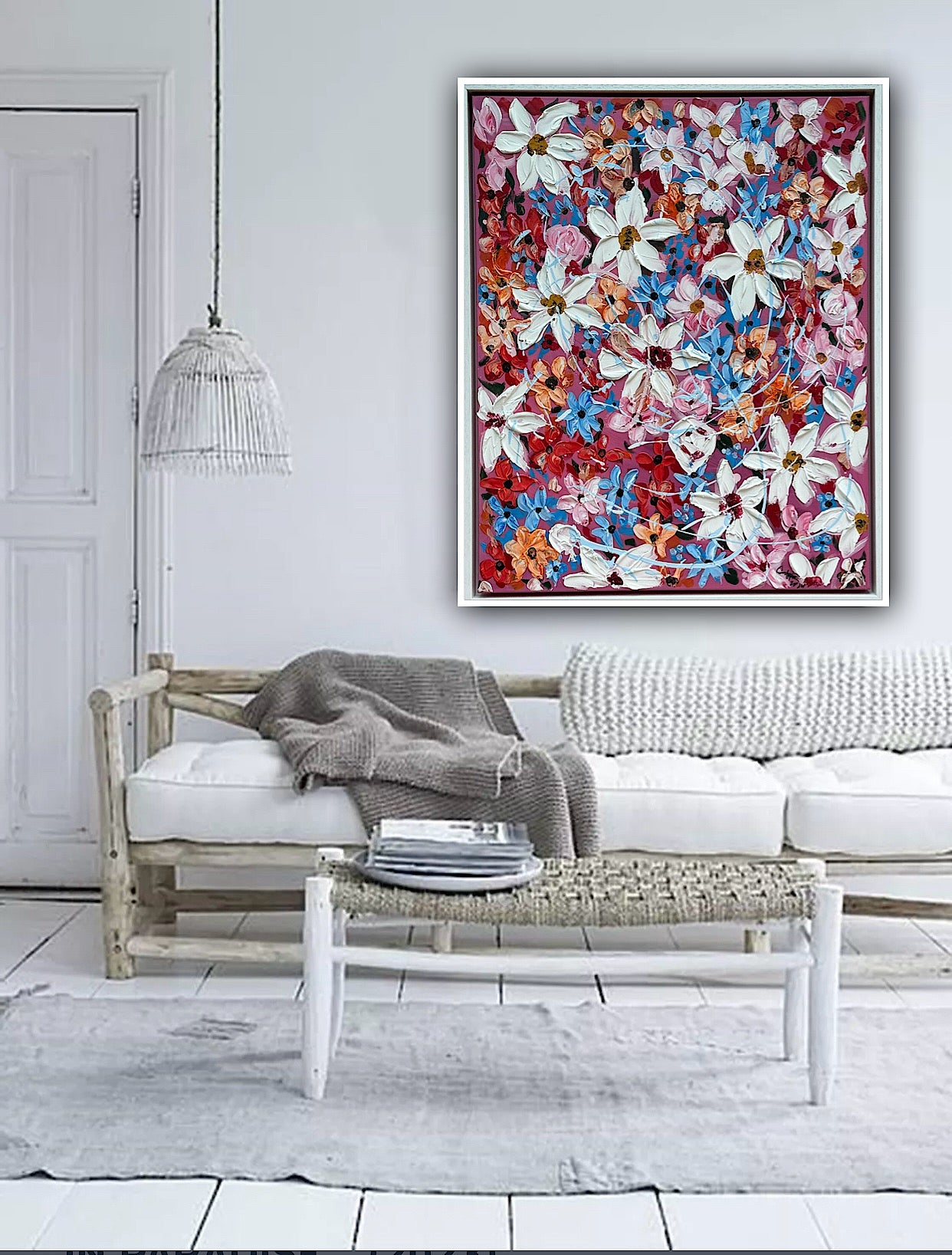 Original Abstract Oil Painting On Canvas 80 x 65cm Daisies in bloom textured framed