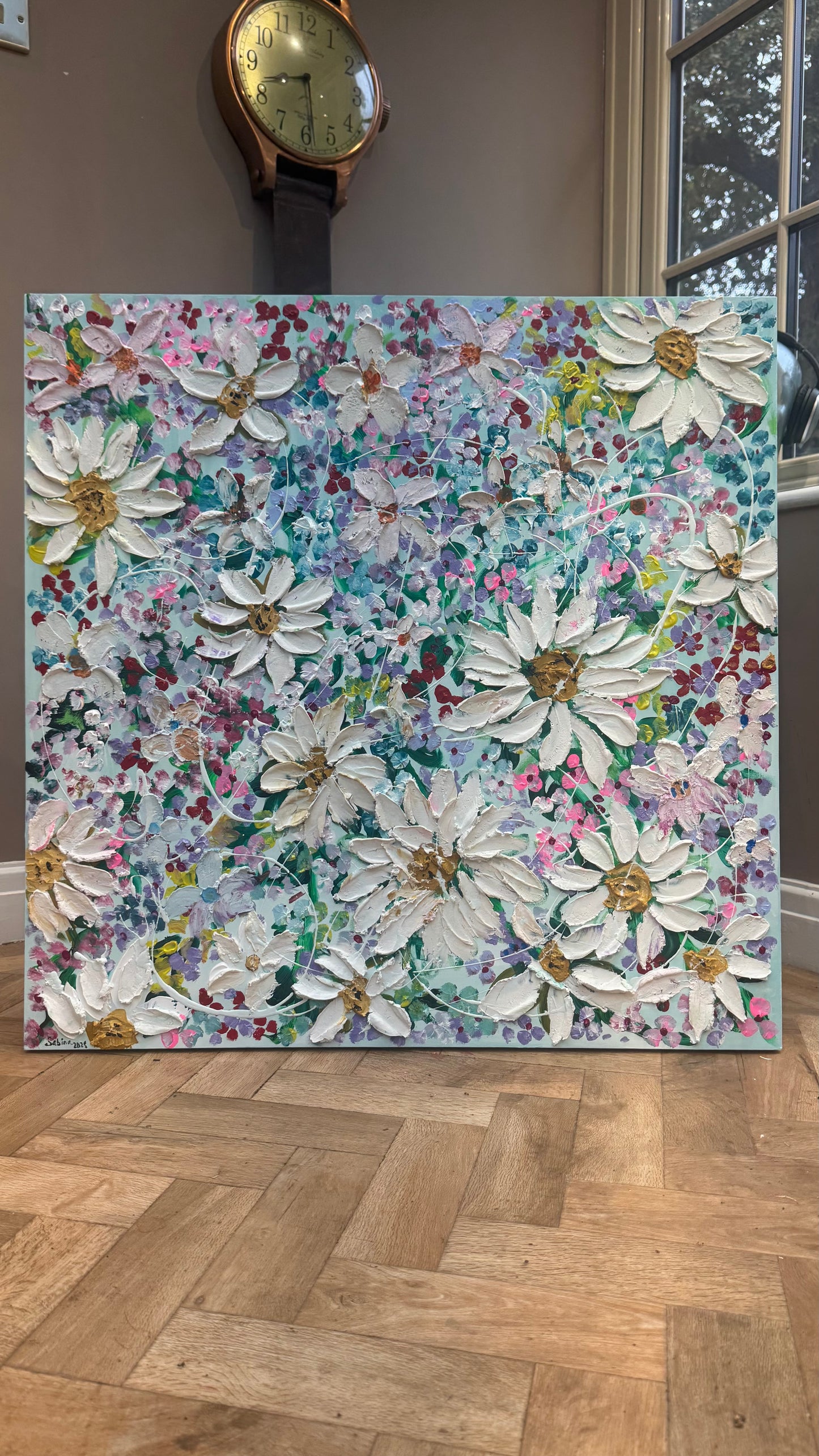 Original Abstract Oil Painting On deep edge Canvas 80x80cm Summer Flowers and more Flowers Textured