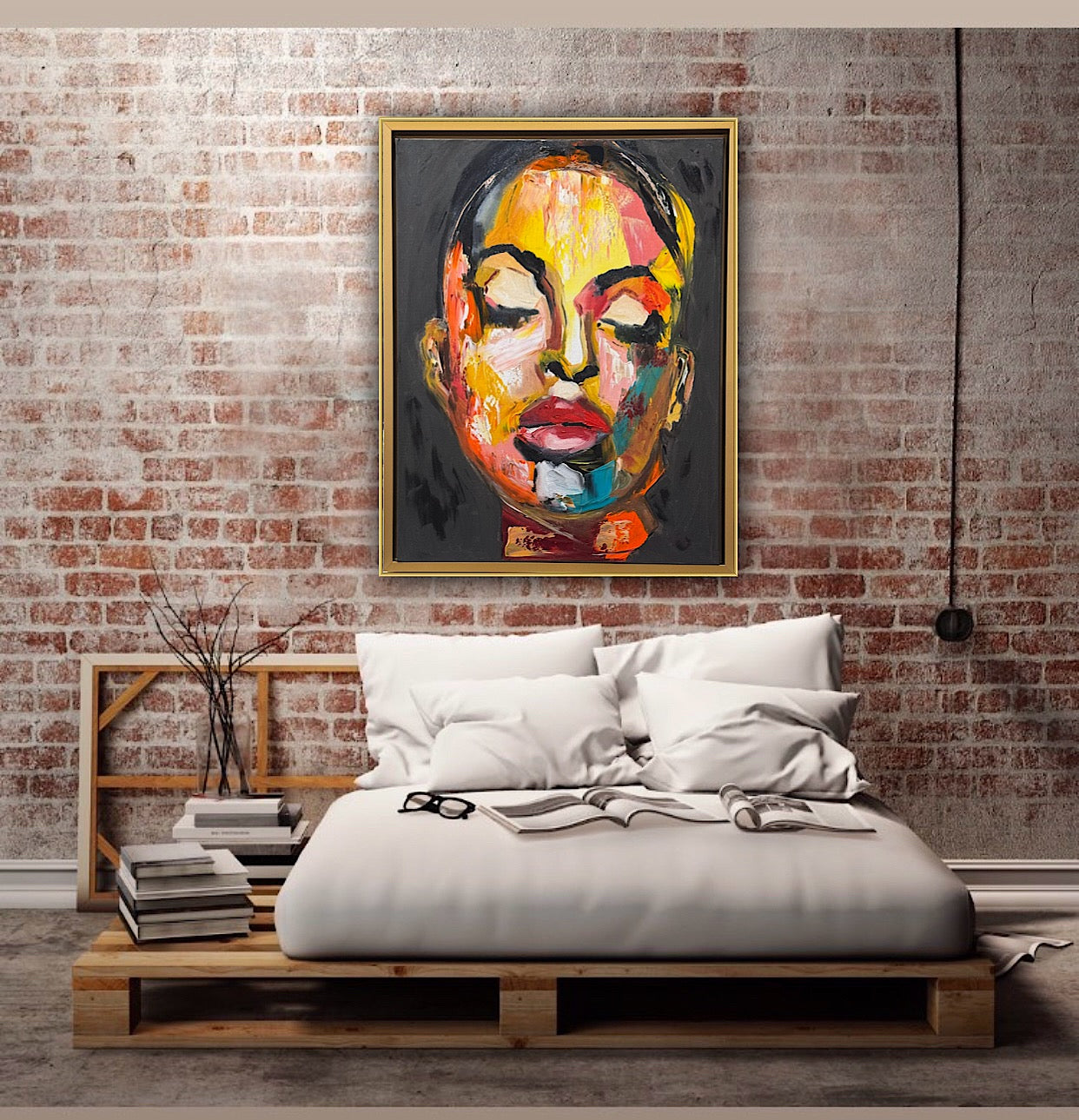Framed in gold bronze Original Abstract Oil Painting On Canvas 57 x45cm The Beauty Queen’ Girl Oka portrait