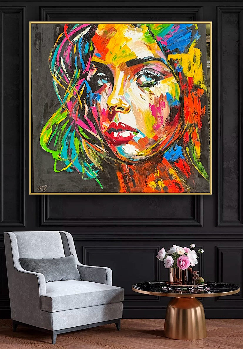 Modern Style Abstract Original Oil Painting On 100 x 100cm canvas Pillow talk woman portrait framed in black and gold frame
