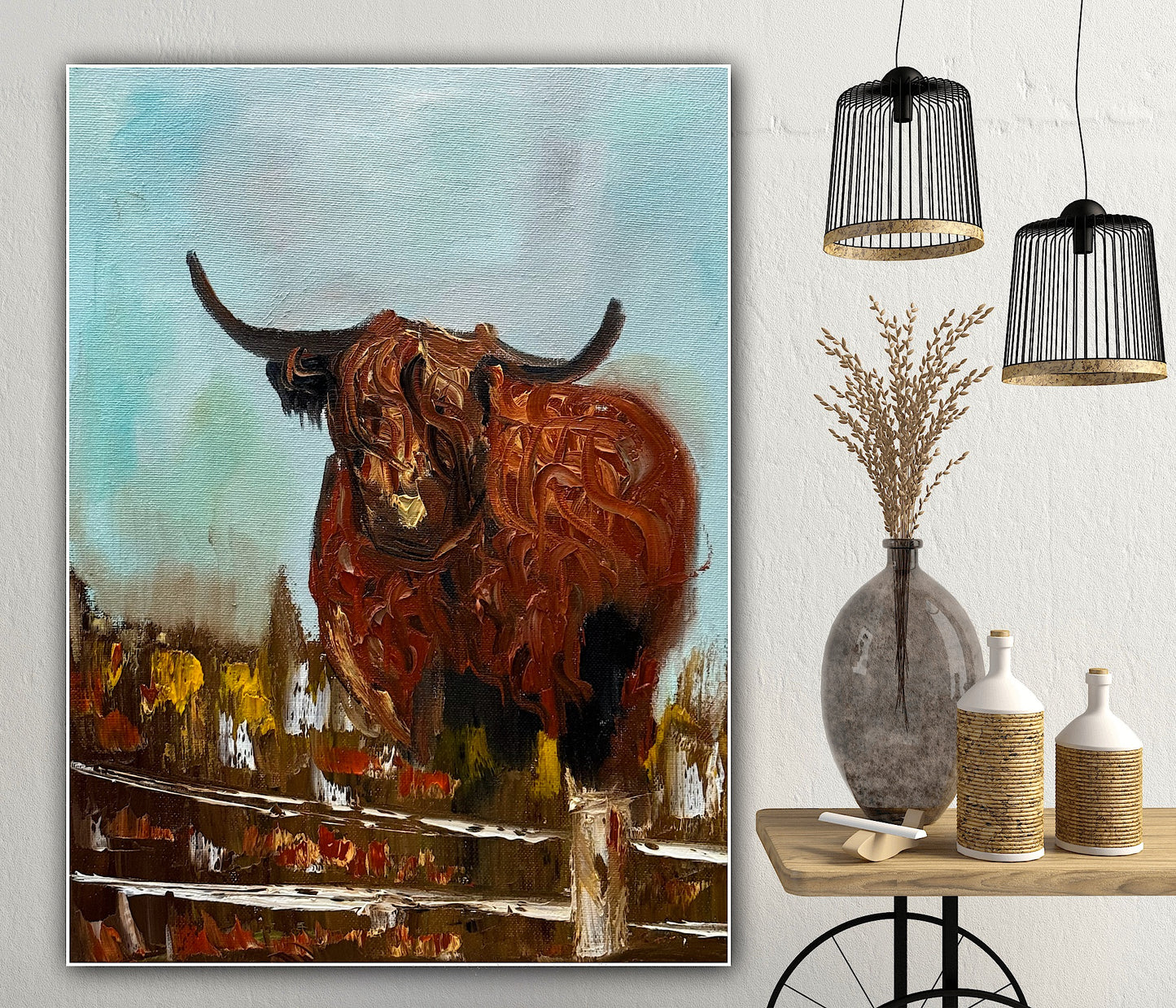 Abstract Original Oil Painting On 30 x 40cm Canvas Aboriginal highland cow ‘Bernie’ animal