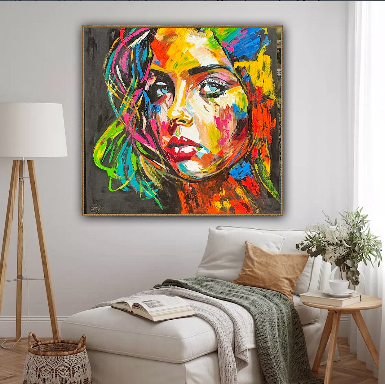 Modern Style Abstract Original Oil Painting On 100 x 100cm canvas Pillow talk woman portrait framed in black and gold frame