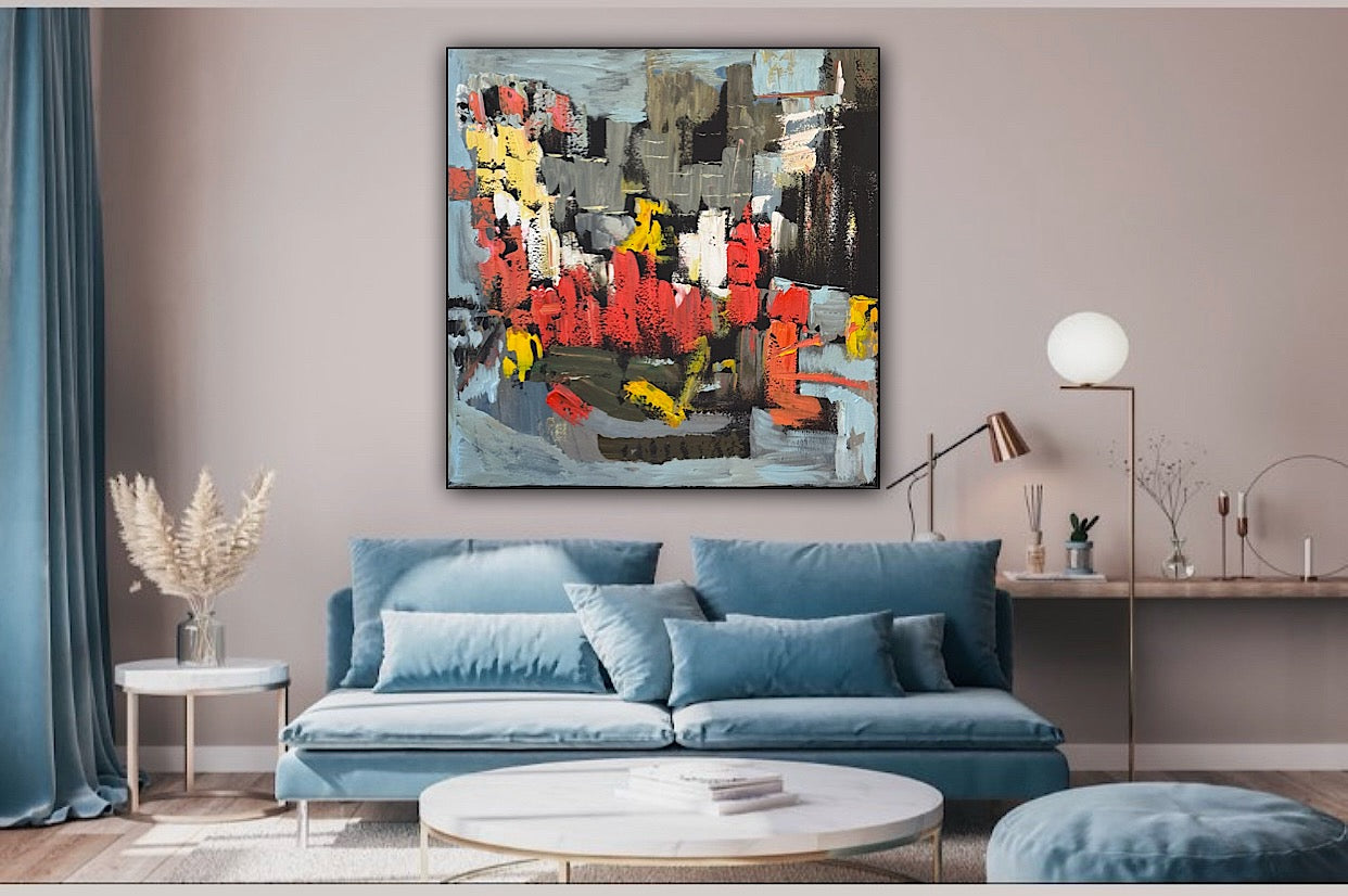 Framed in black Oka Contemporary Abstract Original Oil Painting on 70 x 70cm canvas Rome cityscape