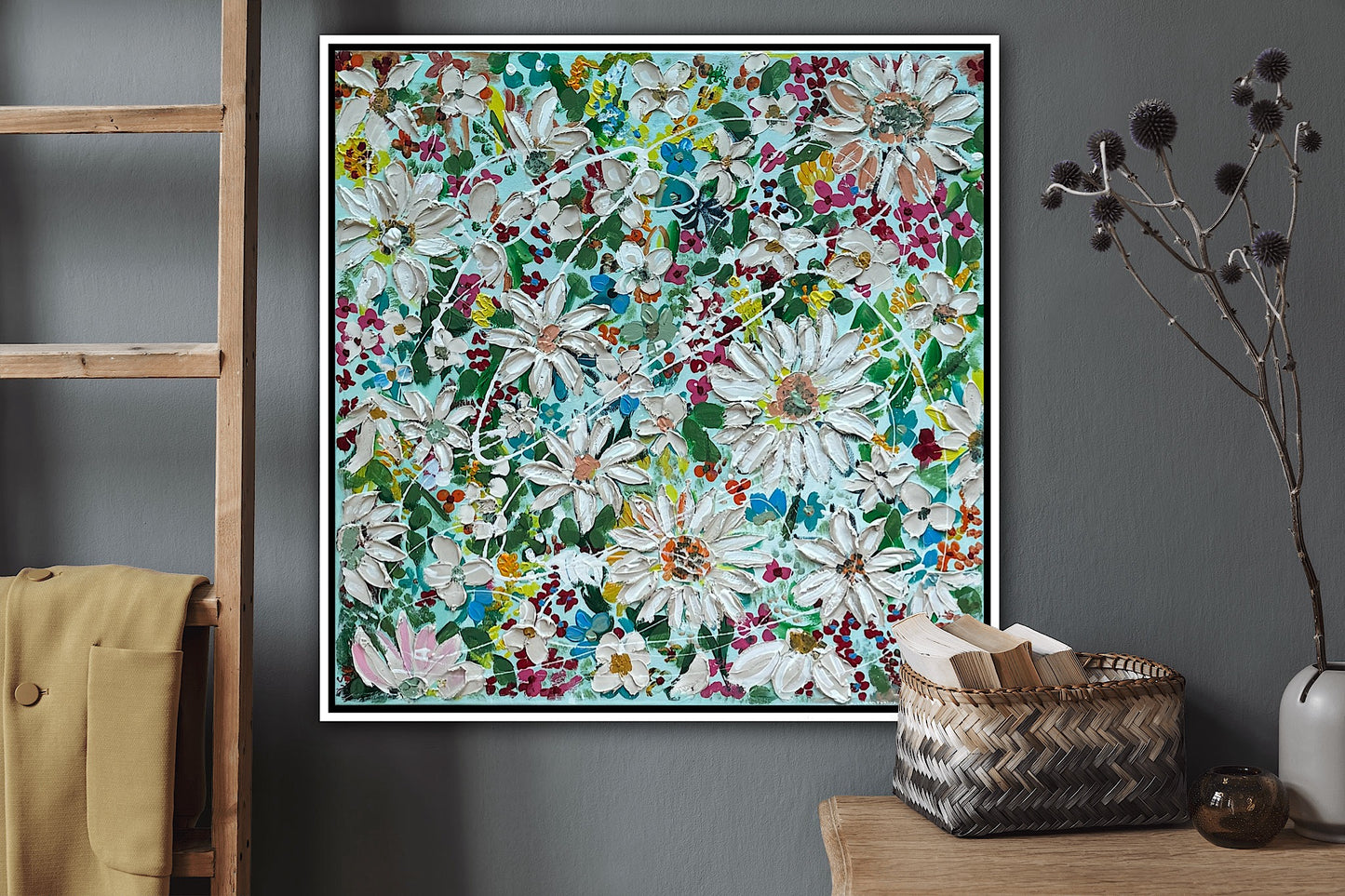Framed Original Abstract Oil Painting On Canvas 80x80cm Daisies & more Flowers Textured