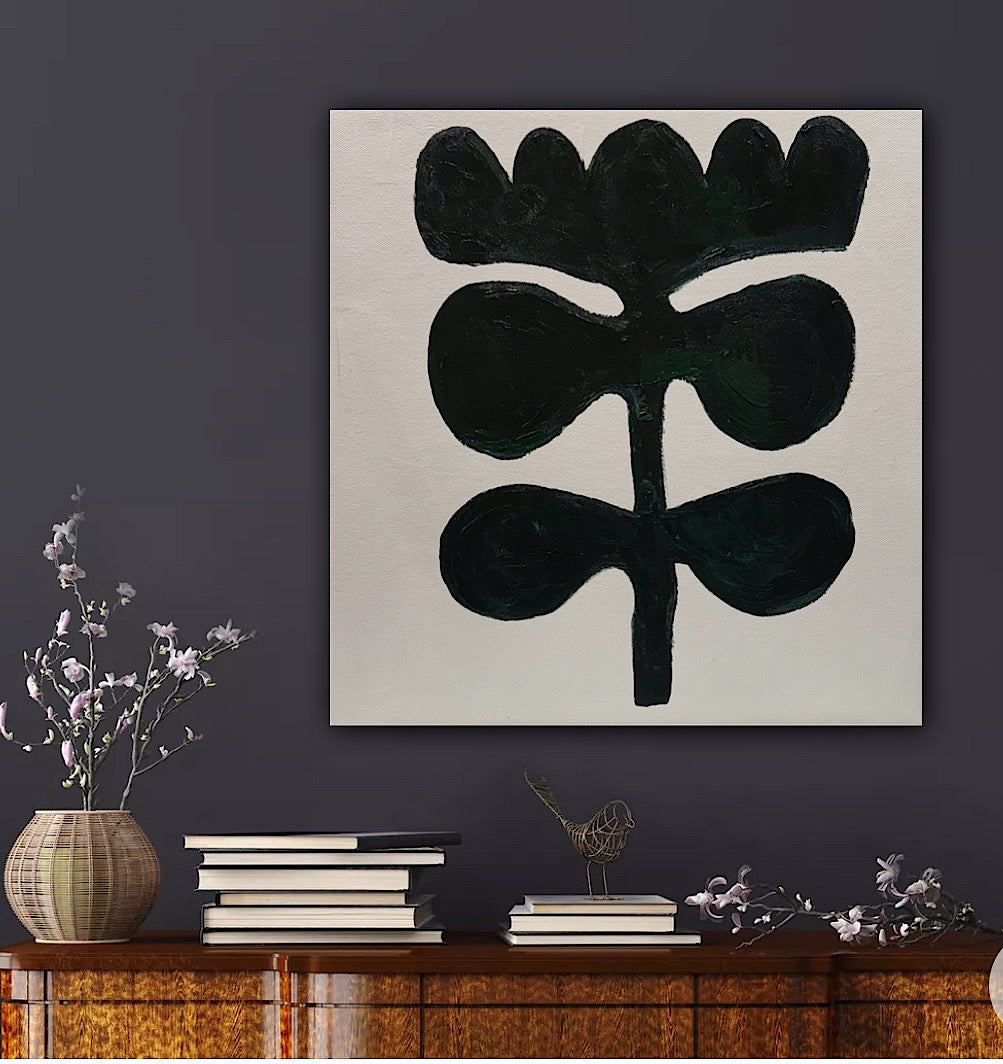 Eferi Plant II Green & White Modern Abstract oil Painting On Canvas 40x40cm In Oka floral
