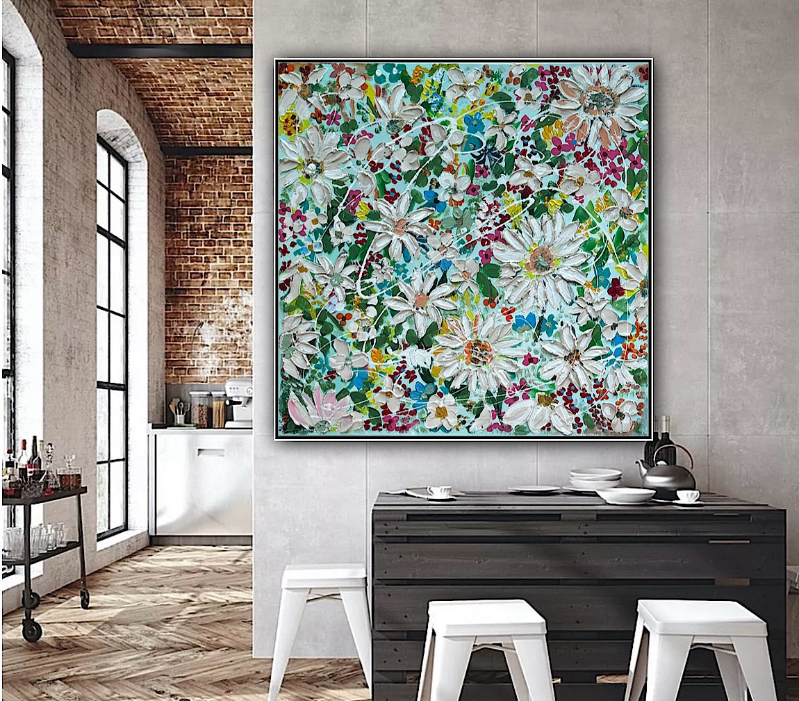 Framed Original Abstract Oil Painting On Canvas 80x80cm Daisies & more Flowers Textured