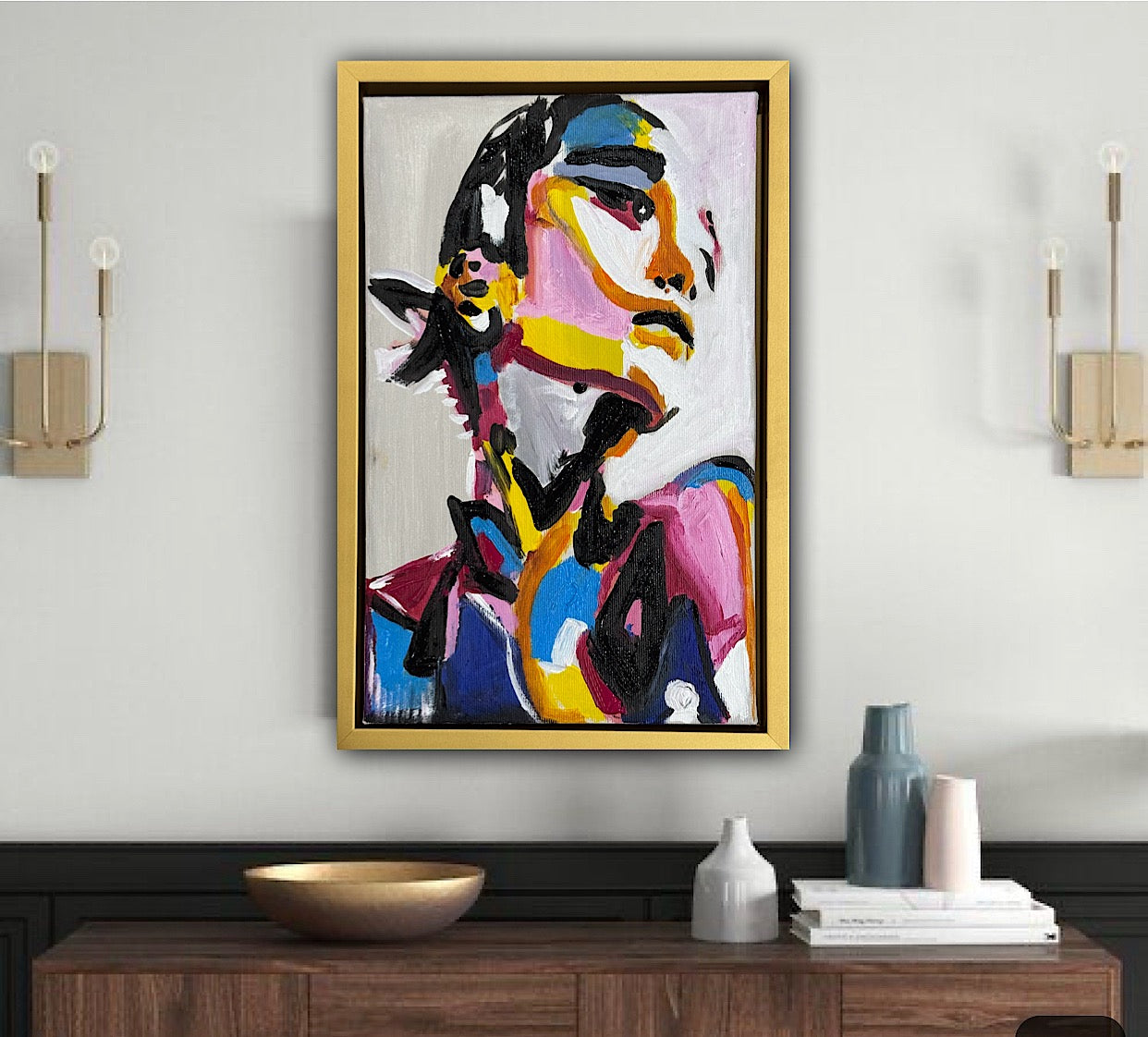 Framed in gold bronze Original Abstract Oil Painting On Canvas 36 x 24cm The Silent phoenix’ Girl Oka portrait