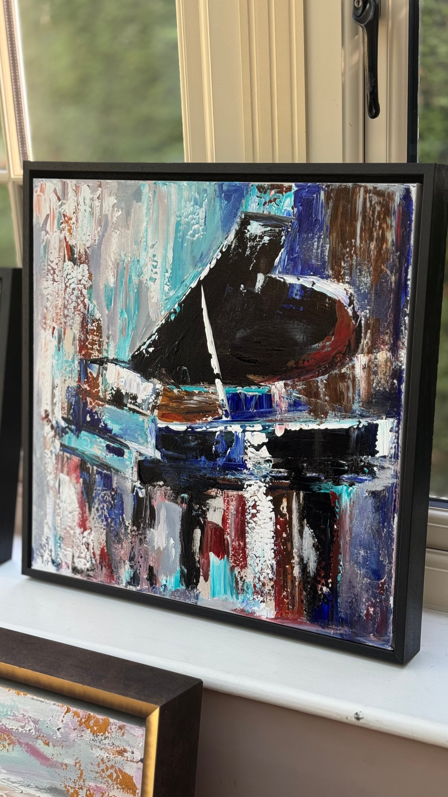 Framed in black Textured Original Abstract Oil Painting On Canvas 55x55cm Black Grand Piano