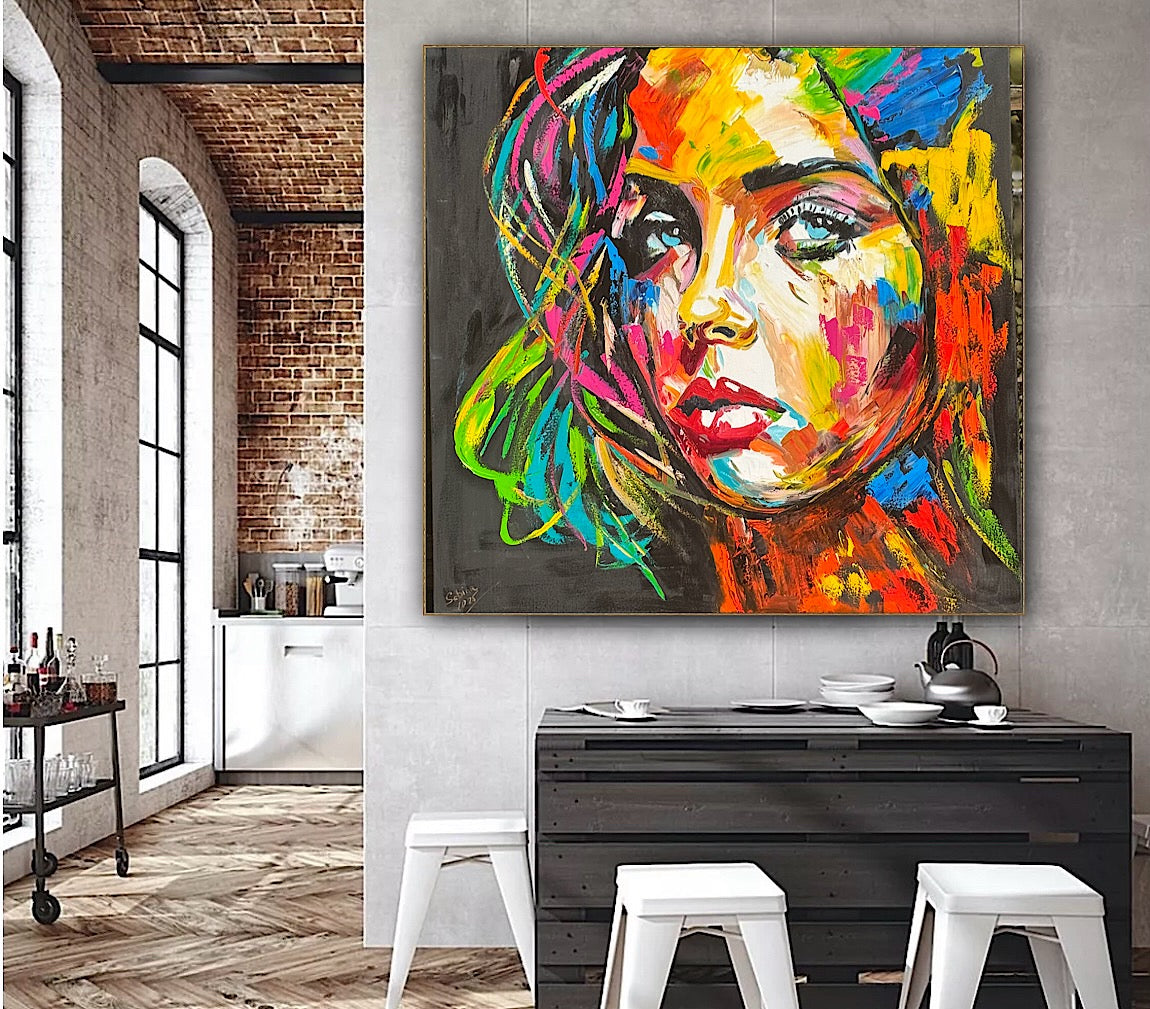 Modern Style Abstract Original Oil Painting On 100 x 100cm canvas Pillow talk woman portrait framed in black and gold frame
