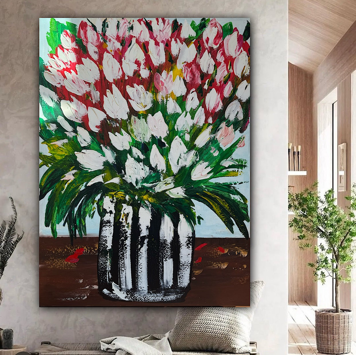 Large Abstract Original Oil Painting On 100x80cm canvas Flowers White Tulips III