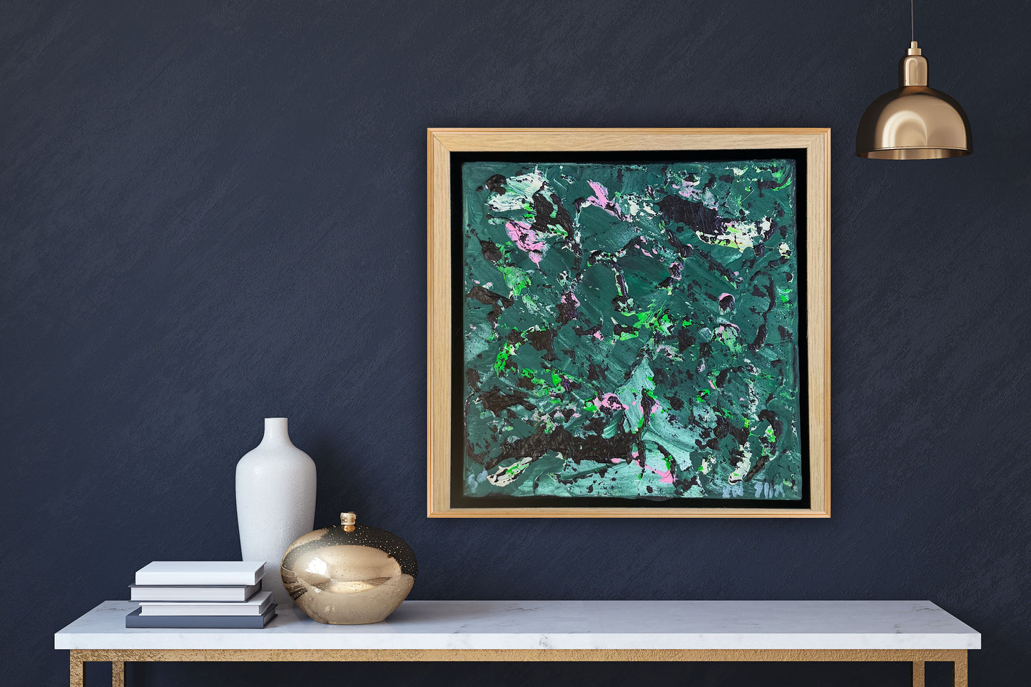 Framed in oak Original Abstract contemporary Oil Painting On Canvas 20 x 20Cm Orchard oka
