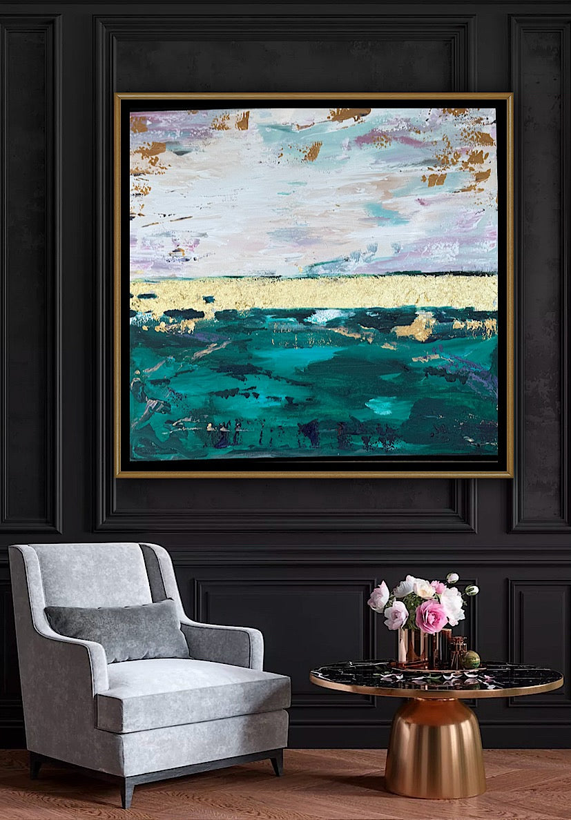 Framed in antique gold Textured Original Abstract Oil Painting On Canvas 70x70cm Seascape with gold leaf