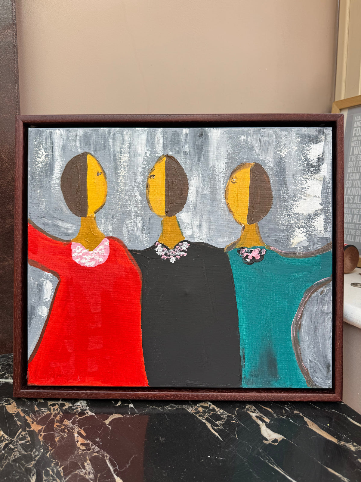 Framed in mahogany textured Original Contemporary Abstract Oil Painting On Canvas 43x37cm Coffee time