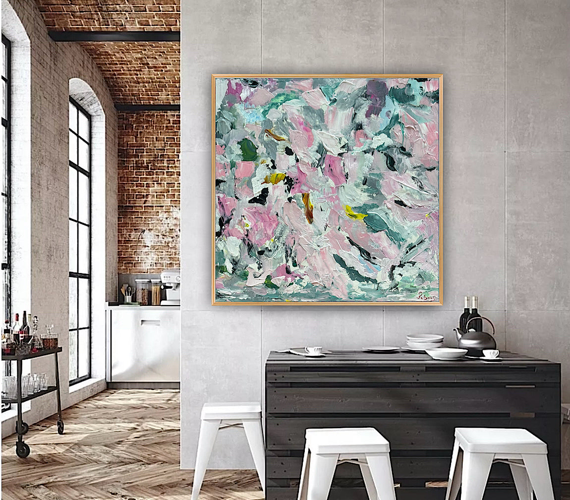 Large Abstract Original Oil Painting On 50x50cm canvas textured Painting ‘Pink Fusion’ Oka framed in solid oak frame