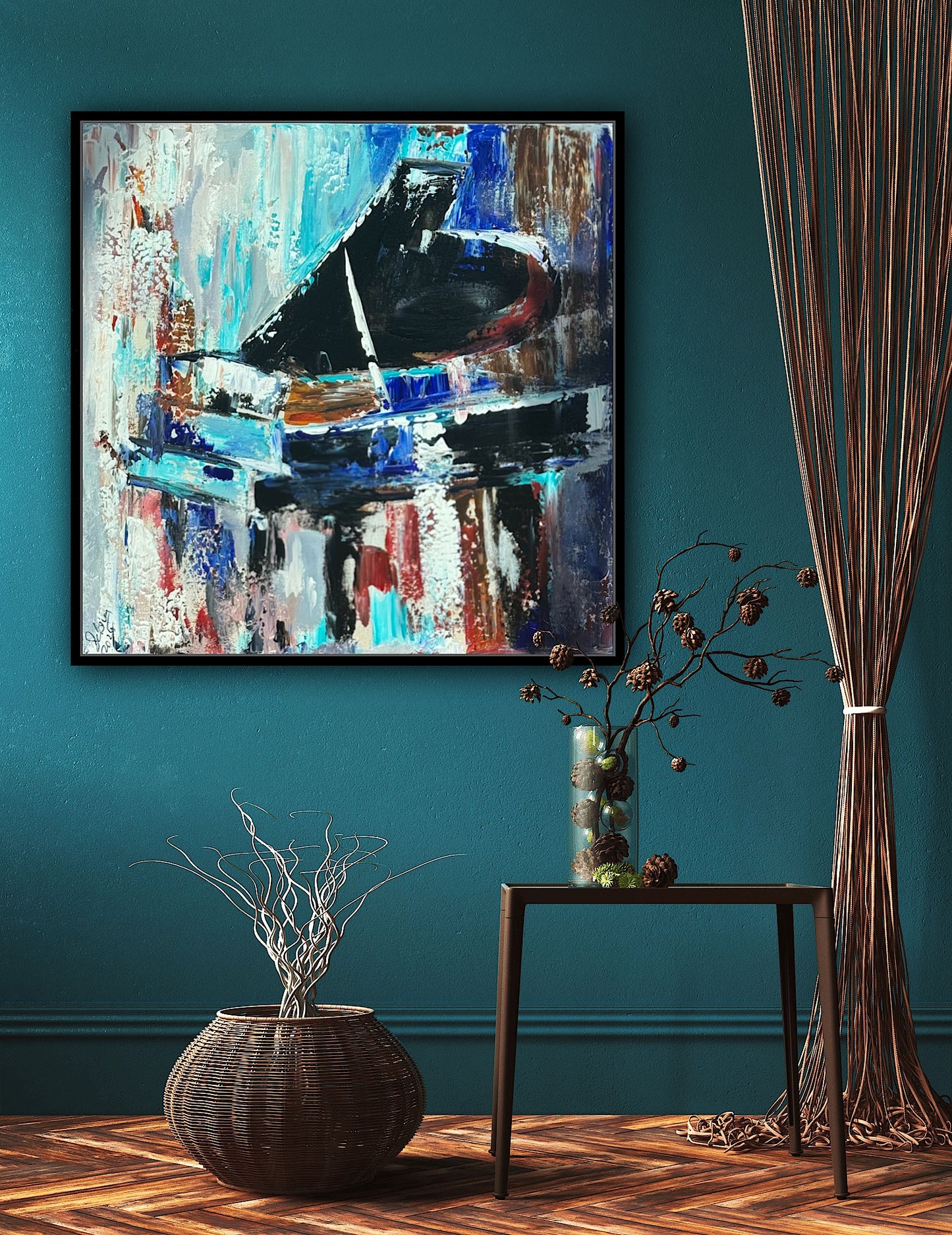 Framed in black Textured Original Abstract Oil Painting On Canvas 55x55cm Black Grand Piano