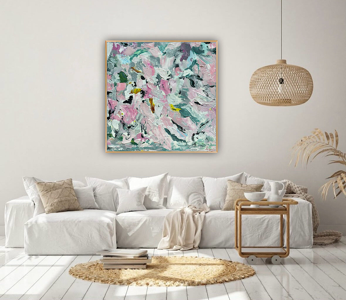 Large Abstract Original Oil Painting On 50x50cm canvas textured Painting ‘Pink Fusion’ Oka framed in solid oak frame