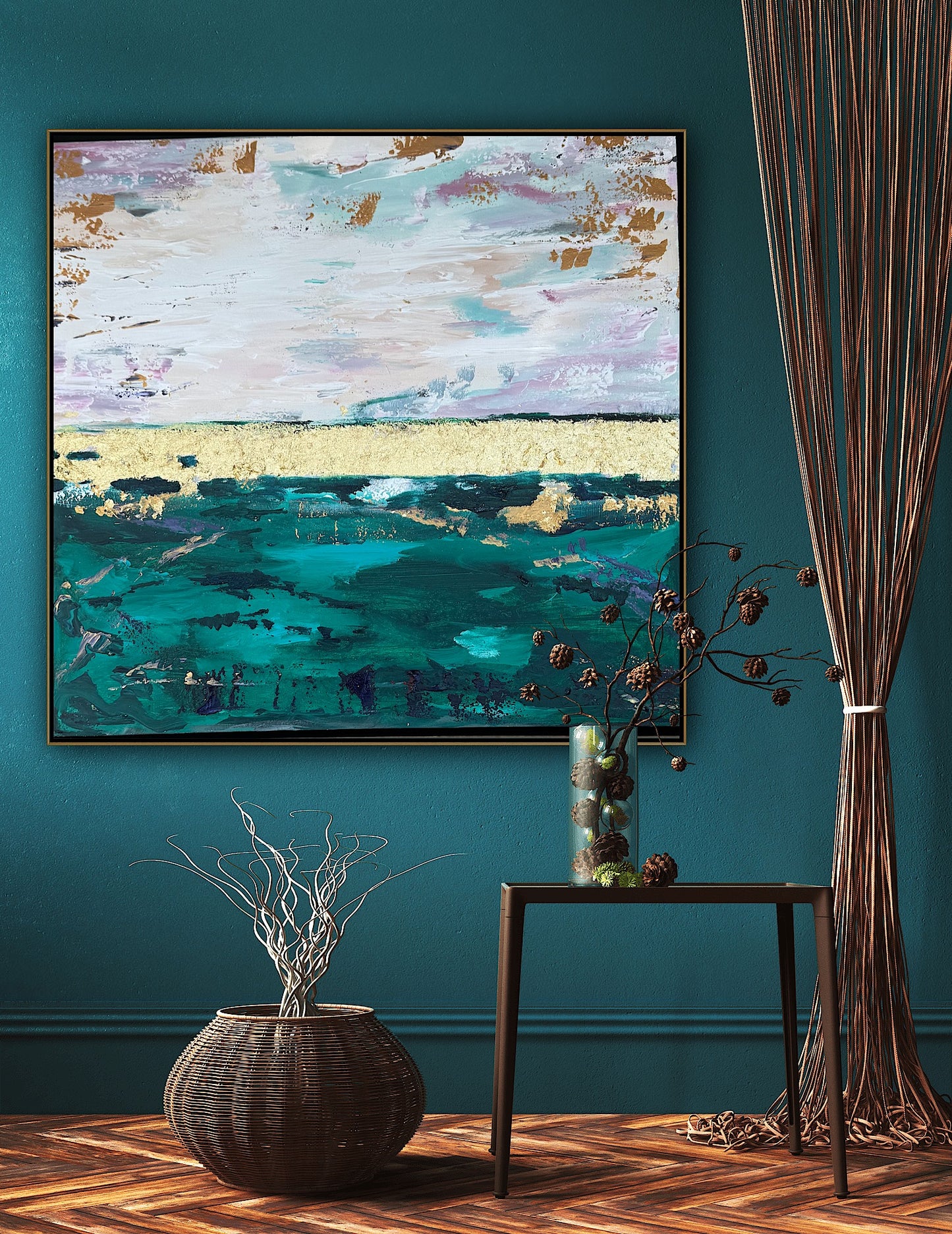Framed in antique gold Textured Original Abstract Oil Painting On Canvas 70x70cm Seascape with gold leaf