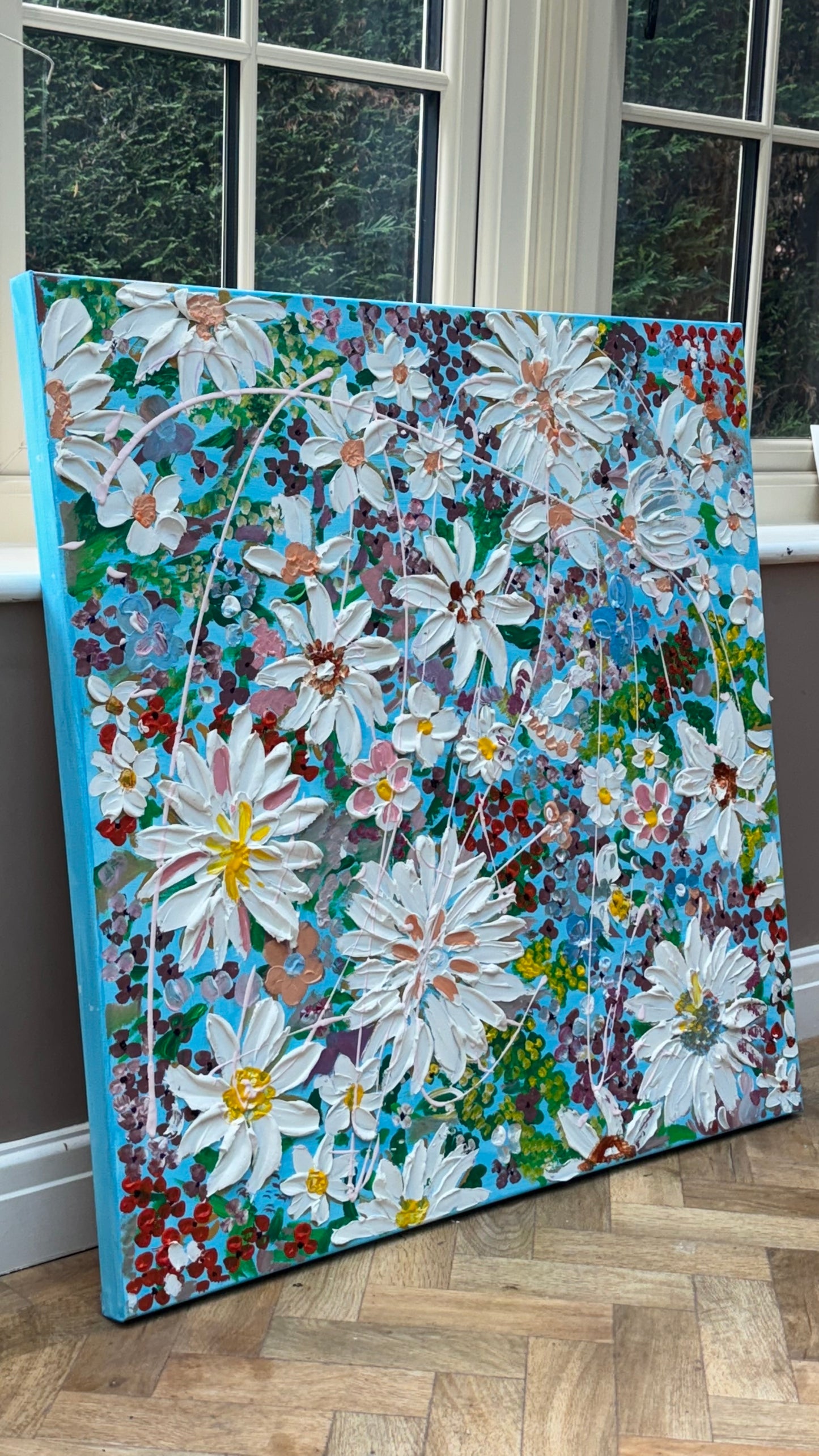 Original Abstract Oil Painting On Canvas 90 x 90cm Flowers in bloom textured framed