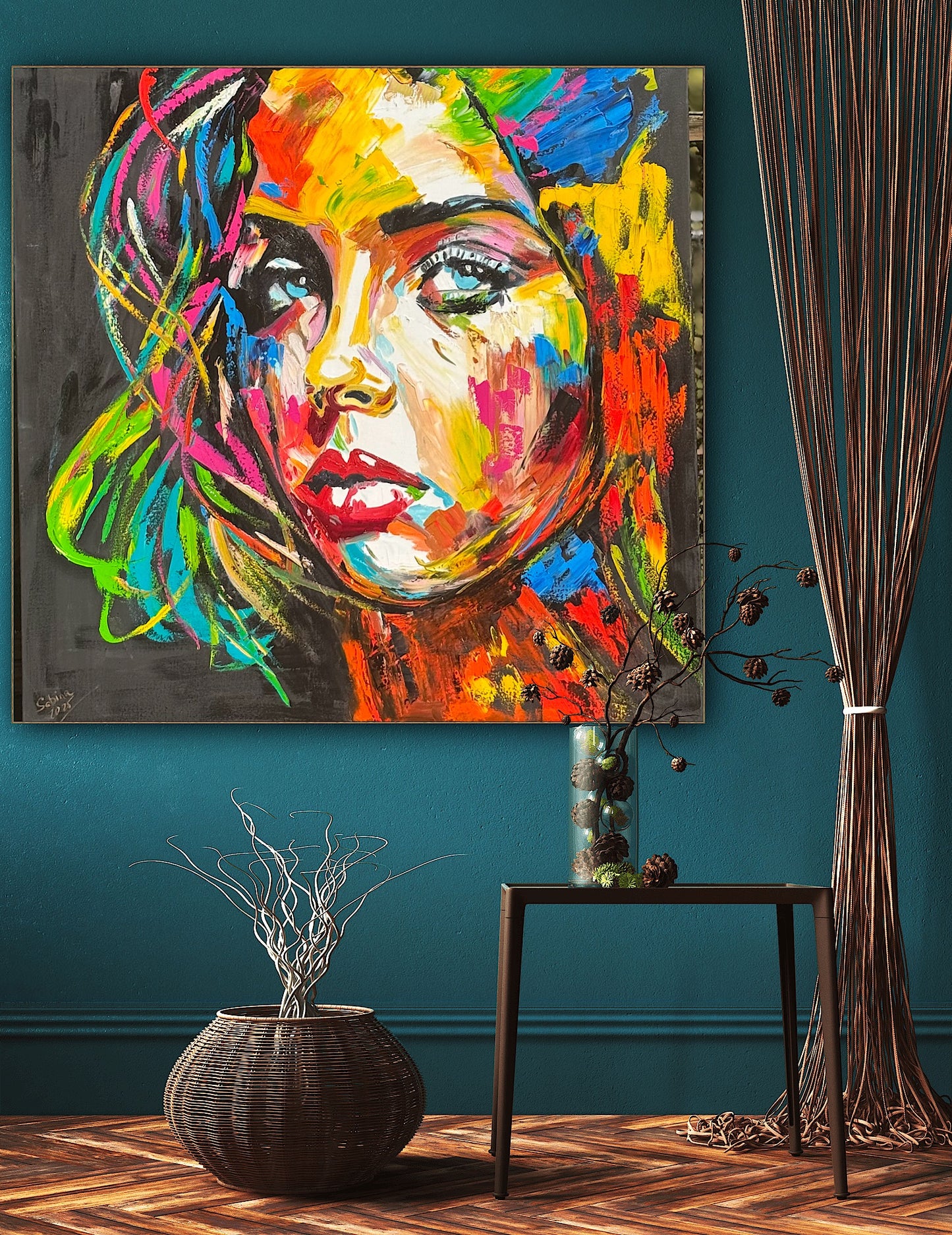Modern Style Abstract Original Oil Painting On 100 x 100cm canvas Pillow talk woman portrait framed in black and gold frame