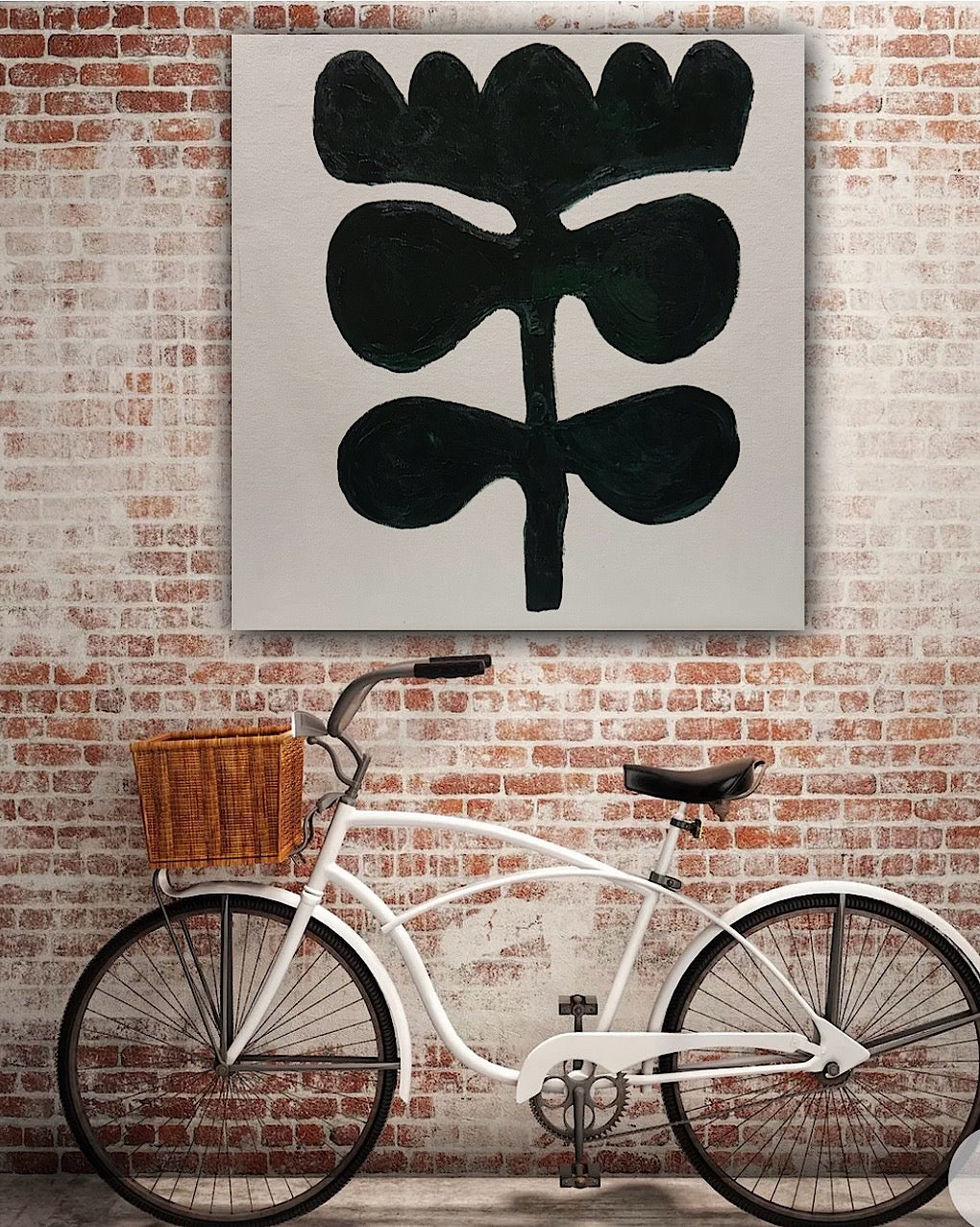 Eferi Plant II Green & White Modern Abstract oil Painting On Canvas 40x40cm In Oka floral